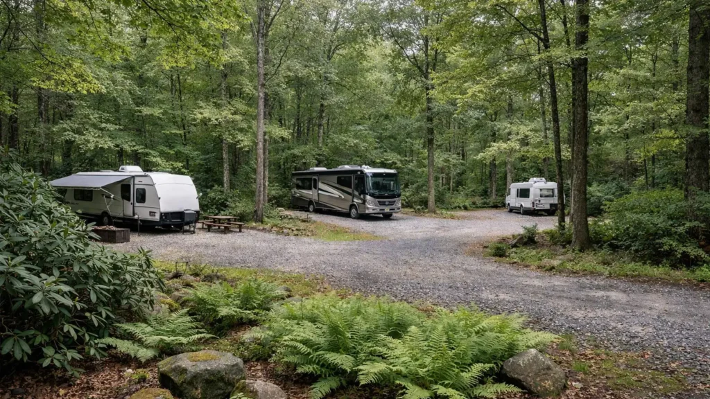 RV campsites among hardwood trees near Franklin, NC