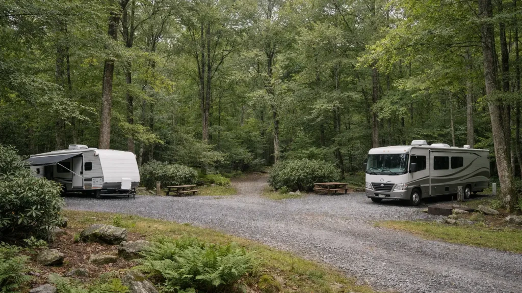 RV campsites among hardwood trees near Brevard, NC