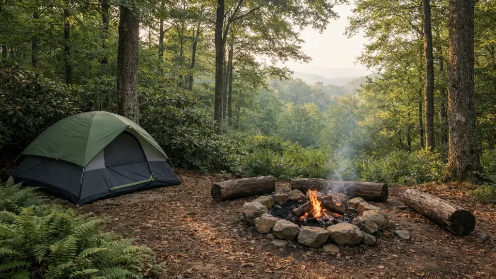Tent campsite under hardwood trees near Highlands, NC