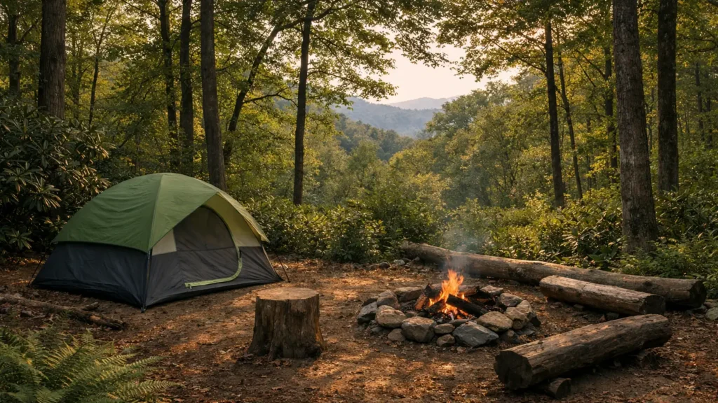 Tent campsite under hardwood trees near Pisgah Forest, NC