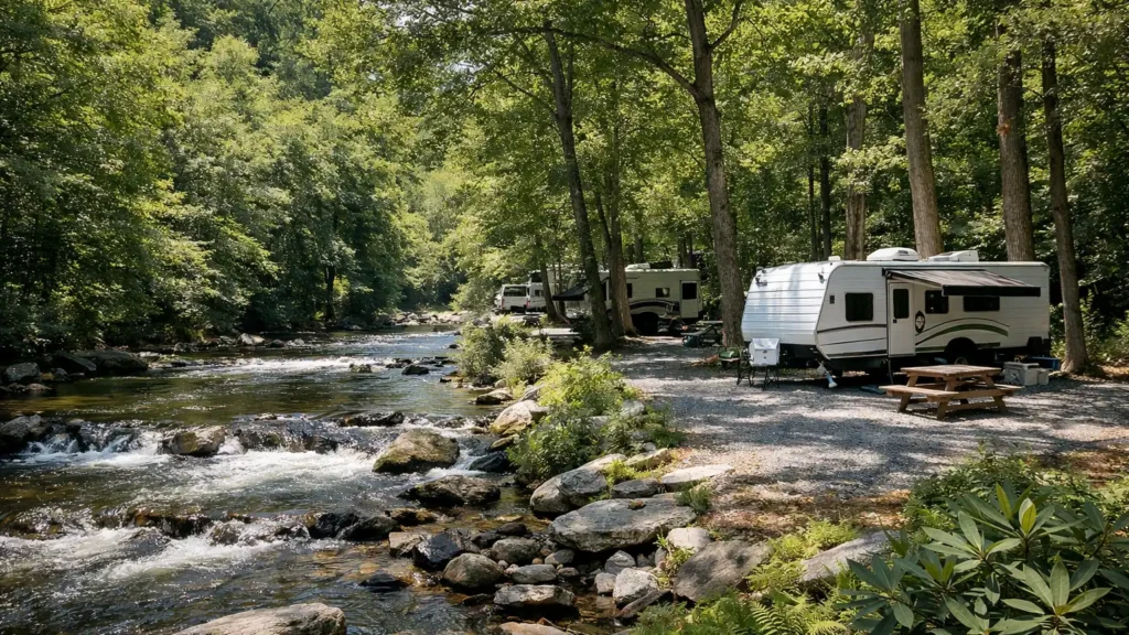 RV campsites among hardwood trees beside a mountain river near Asheville, NC